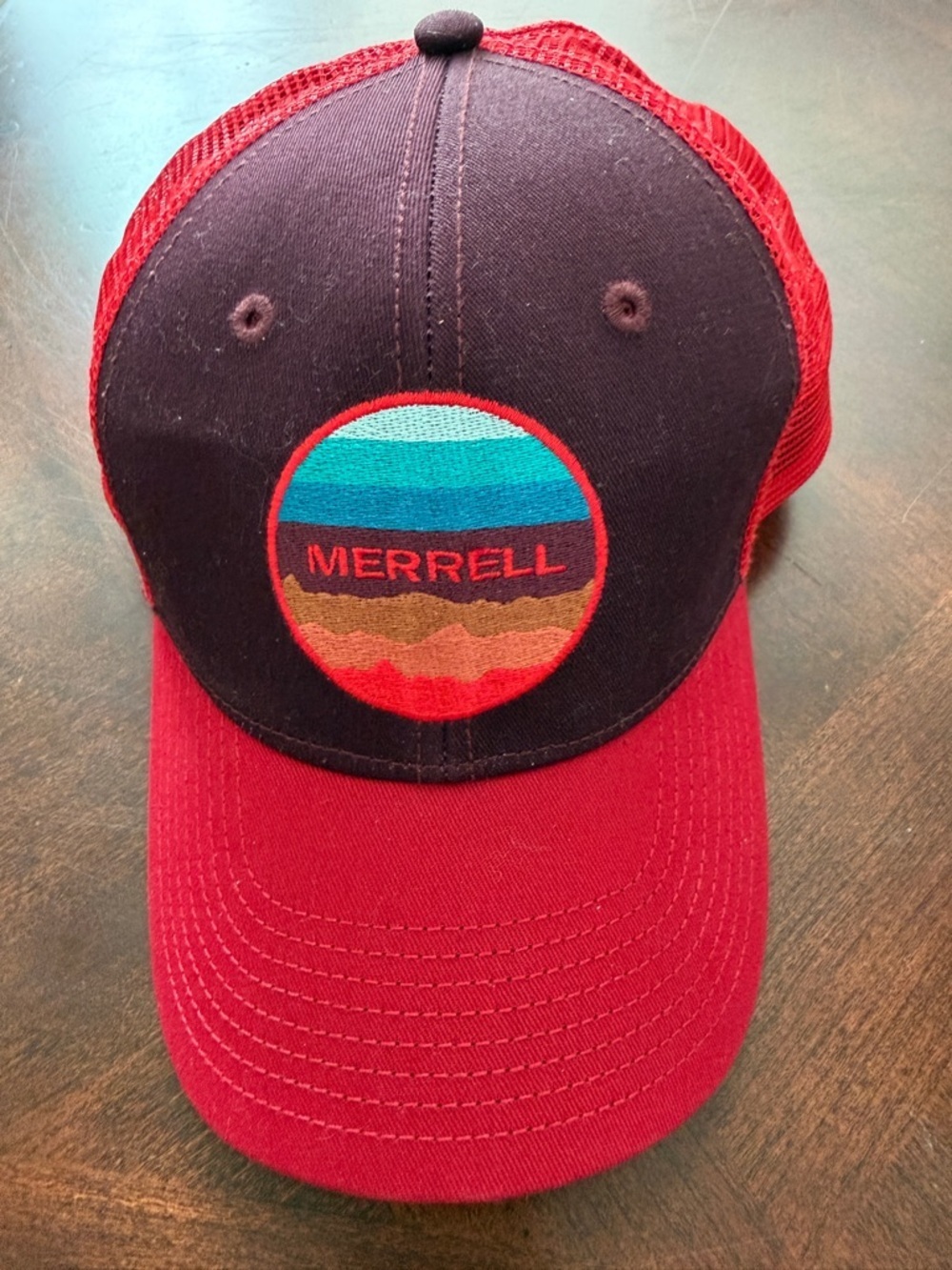 Merrell Red Colorful Sunset Patch Logo Trucker Hat SnapBack